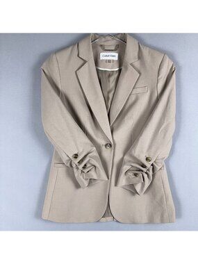 Calvin Klein Blazer Jacket Long Sleeve Womens Size 2Petites Beige Single Button